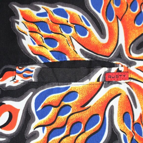 Rusty Surf Flamed Hibiscus Black Button Up Short Sleeve Shirt Mens XL All Over - Picture 3 of 9